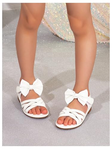 GORGLITTER Girl's Criss Cross Strappy Bow Cute Flat Sandals Open Toe Backstrap Vacation Flats White 3.53