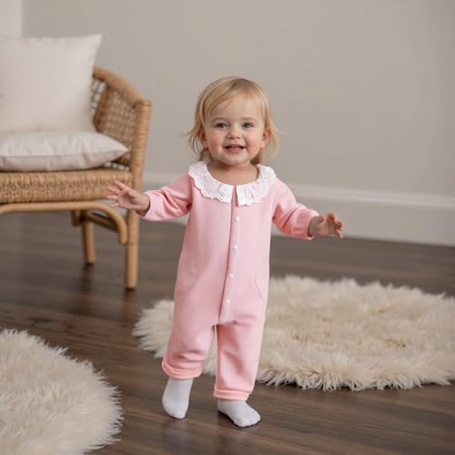 Newborn Infant Baby Girl One-Piece Baby Girls Fall Romper Lace Ruffled Long Sleeve Button Down Waffled Jumpsuit2