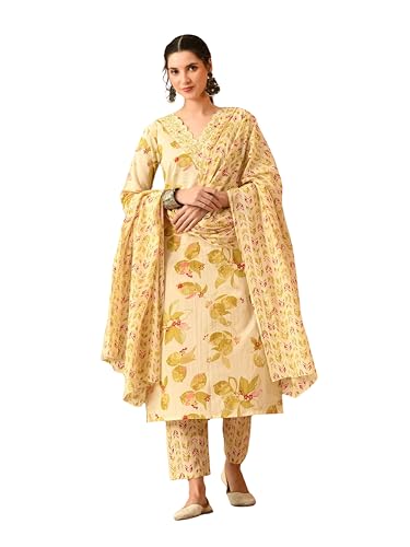 Image of Amazon Brand - Tavasya Women Cotton Anarkali Kurta Pant Dupatta Set | Printed Ethnic Suit Set | Flared Anarkali Kurta with Pant & Dupatta | Festive & Casual Wear