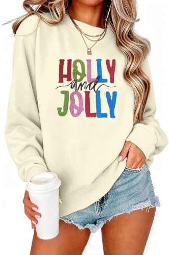 Christmas Sweatshirts for Women Holly and Jolly Embroidered Pullover Tops - image 1