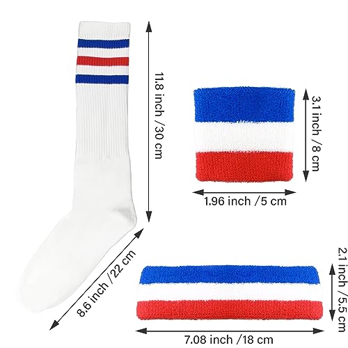 Image of 10 Pieces Striped Sweatbands and Striped Socks Set Headbands Wrist Sweat Bands for Men and Women Sports 80s 90s Fitness