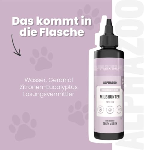 alphazoo Milbhunter Spot-On für Katzen 100 ml - mit Eukalyptusöl & Geraniol. Wirkt zuverlässig gegen Milben & pflegt die Haut. Natürlicher, alkoholfreier Milbenschutz für Katzen
