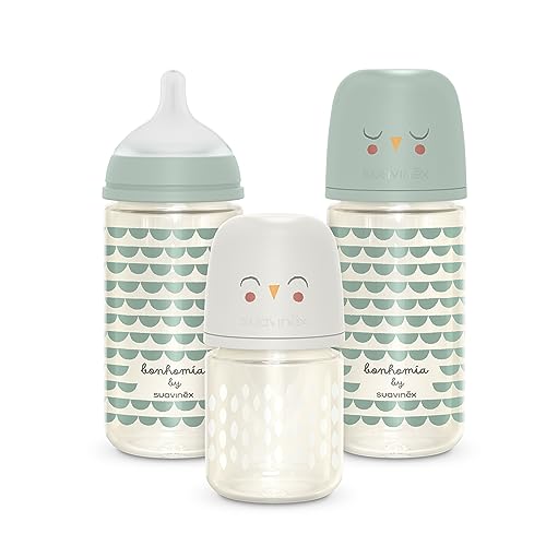 Image of Suavinex Bonhomia Glass Baby Bottle with SX PRO Silicone Nipple, Anti Colic Baby Bottles, Baby Bottles for Breastfed Babies, 3 Pack, Mint/Beige