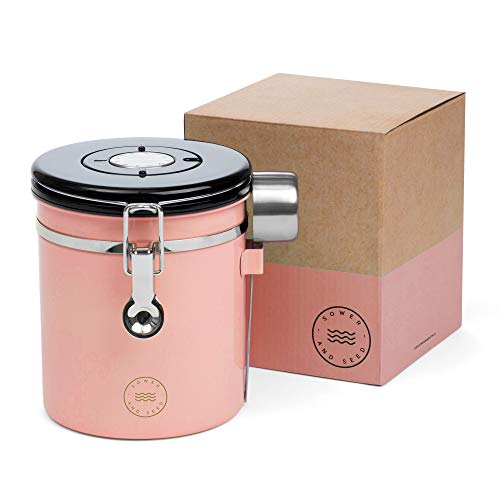 Coffee Container (pink), Airtight with Measuring Scoop, Stainless Steel- Durable, Stylish Coffee Canister