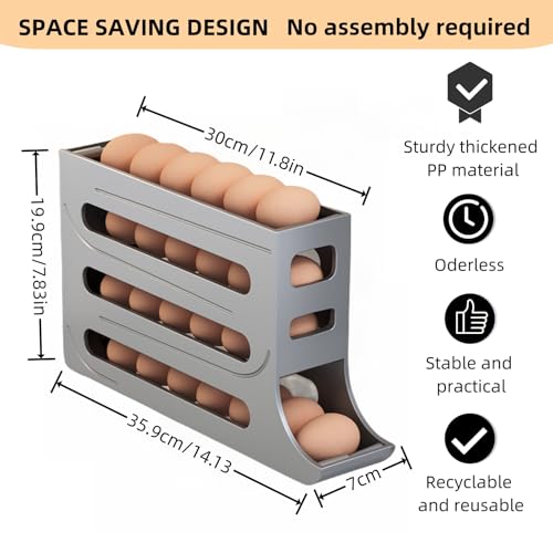 Image of Egg Holder for Fridge, Upgrade 4 Tiers Egg Holder for Fridge, 28 Eggs Fridge Egg Rack Large Capacity Refrigerator Egg Trays, Space-Saving Automatic Egg Rolling Dispenser for Refrigerator (Grey)