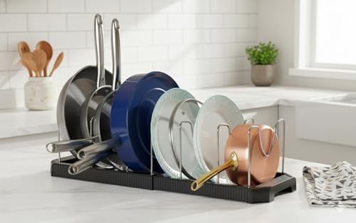 Image of STAR WORK Expandable Pull-Out Pan & Pot Organizer Pan Dish Rack Stand Organizer for Cabinet Kitchen Cabinet Cookware Baking Frying Rack (BLACK)