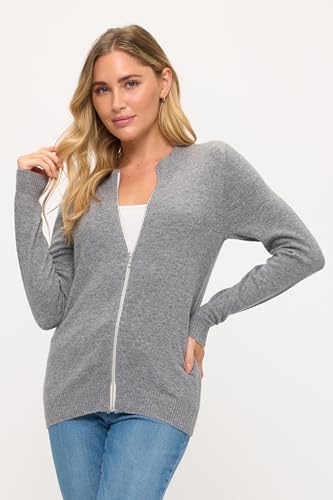 Image of Women's 100% Cashmere Soft Long Sleeve Crew Neck Open Zip Cardigan