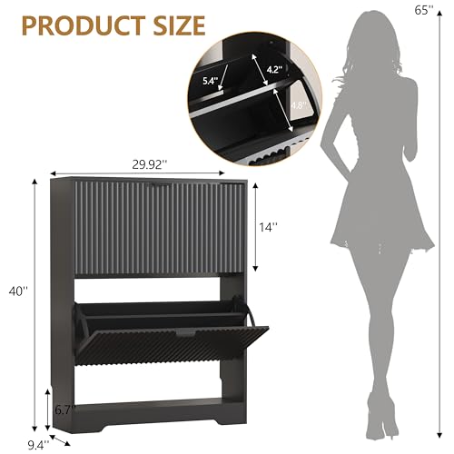 Image of HUANLEGO Shoe Cabinet Storage for Entryway with 2 Flip Drawers, Black Fluted Shoe Cabinet with Open Storage, Wooden Hidden Shoe Rack Freestanding Narrow Slim Shoes Organizer for Hallway, Entrance