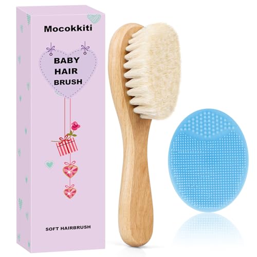 Image of Baby Hair Brush, Mocokkiti Goat Bristles Brush and Baby Cradle Cap Brush Set for Cradle Cap Wood Bristle Brush for Newborns and Toddlers, Blue Silicone Brush (2PCS)