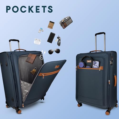 Image of F Gear Softair Medium Soft Luggage | Lightweight Expandable Carry-On Trolley Bag with 360 Spinner Wheels, Silent 8-Wheel System, Built-in TSA Lock, Anti-Theft Zipper & Luggage Tag (.Navy)