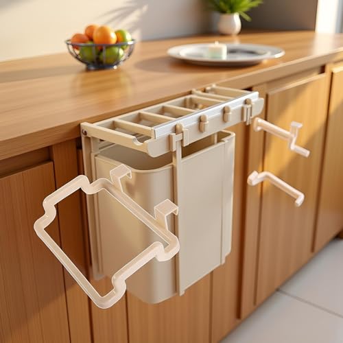 Image of Beige Over The Cabinet Garbage Bag Rack, Hanging Garbage Bags Holder Trash Bag Holder Rack for Kitchen Cabinets Doors and Cupboards, Kitchen Waste Bins, Trash, Recycling and Compost