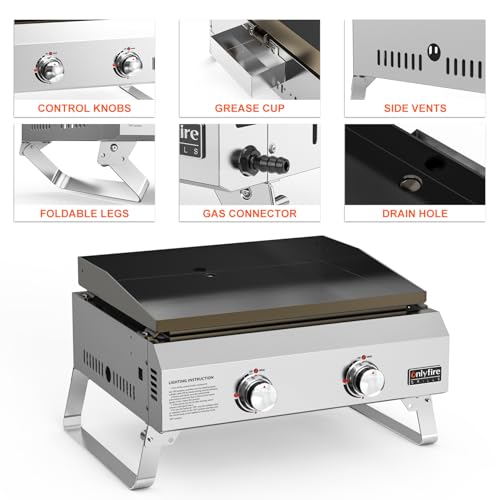 Onlyfire Tragbarer Gas-Plancha-Grill mit 2 Brennern, Tisch-Gasgrill mit Antihaft-Keramik-beschichteter Grillplatte für Outdoor-Kochen, Terrasse, Party, Camping, Wohnmobil - 1