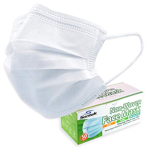 SantekWhite SPF 20 Face Masks — 87.1% UV Block Sun Protection, 3-Ply Filter, ASTM Level 2, Non-Woven, Breathable & Comfortable Disposable Masks for Men & Women, 50 Pcs (1Box)