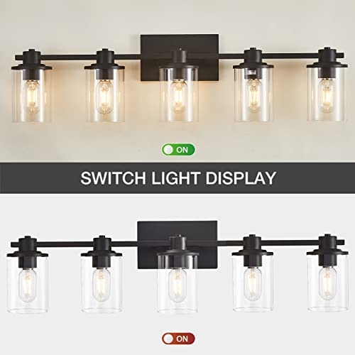 Image of 5-Light Modern Bathroom Vanity Lights,Industrial Matte Black Bathroom Light Fixtures with Clear Glass, Vanity Lights Fixture for Bathroom, Living Room, Mirror,Hallway
