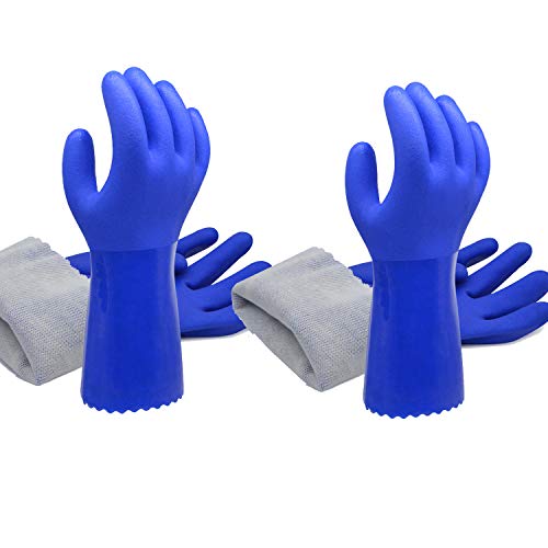 HTR Chemical Resistant PVC Work Gloves for Oil & Gas Industry, Automobile Industry, Painting Industry, Heavy Duty Cotton Lined Blue Medium 2 Pair
