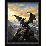Winged Warrior Dragon On Mountain Defending The Castle Cotton Fabric Panel 36 X 44 Inches