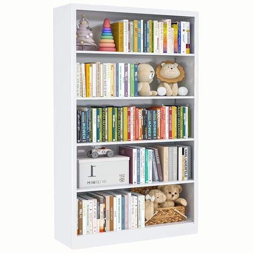 Image of VASAAOSD 55 inch White Bookshelf, 5 Tier Adjustable Metal Bookcase | Adjustable, Wide Bookshelf with Anti-Tilt Device, Easy Assembly Toy Storage Organizer, for Bedroom, Study, Office, Classroom
