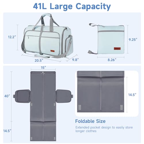 Image of Foldable Garment Bags for Travel, Convertible Travel Sports Duffel Bag for Women, Water Resistant Garment Bag with Shoe Compartment, 2 in 1 Hanging Suitcase Suit Bags, Gifts for Women, Mint Green, Blue, 22.5*11.5*13.8 inches, Travel
