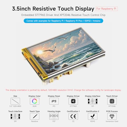 Image of Waveshare 3.5inch Resistive Touch Display, Compatible with Raspberry Pi 5 /4B /3B, Pi Pico, IPS Panel, 320x480, Immersion Gold Process, 262K Color