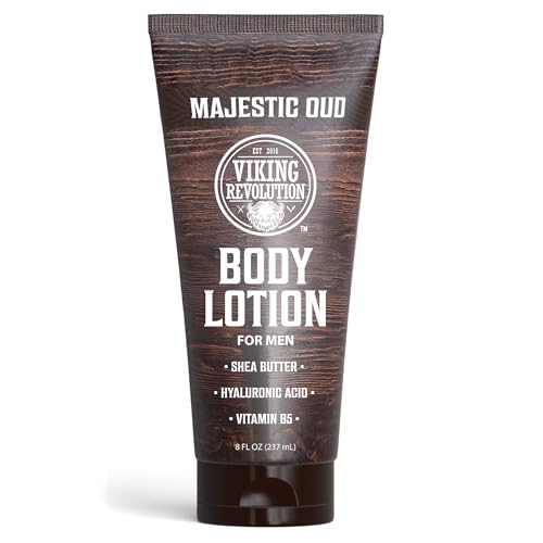 Image of Viking Revolution Majestic Oud Body Lotion for Men - Mens Lotion for Dry Skin with Shea Butter, Hyaluronic Acid and Vitamin B5 - Nourishing Mens Body Lotion for Hydrated and Smooth Skin (8oz, 1 Pack)