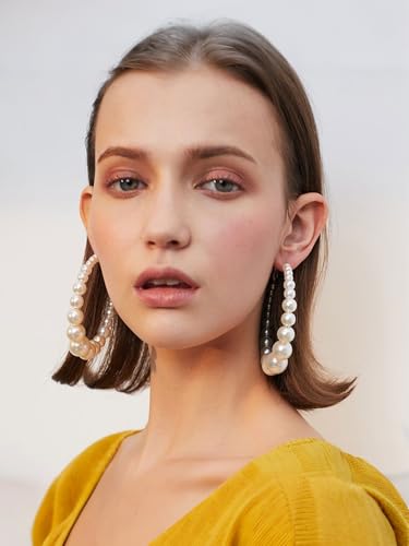 Pearl Hoop Earrings Large Hoops Circle White Pearls Earrings Gold Elegant Lightweight Drop Dangle Earrings Open Big Circle Round Pearl EarringJewelry Wedding Birthday Gift for Women2