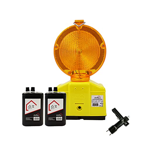 1 x siwitec LED Baustellenleuchte gelb inkl. 2 x Blockbatterien Typ 4R25 6V 7Ah, LED Warnleuchte für Baustellen im Straßenbau mit Lampenschlüssel, Baustellenabsicherung