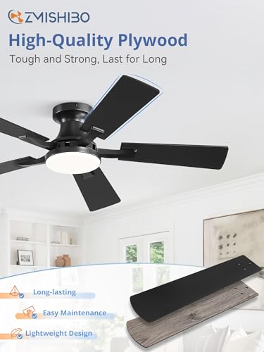 Image of ZMISHIBO 42 Inch Ceiling Fan with Light, App&Remote Control, Flush Mount Low Profile, Dimmable 20W LED Light, Quiet Reversible Motor for Bedroom, Living Room, Apartment, Black