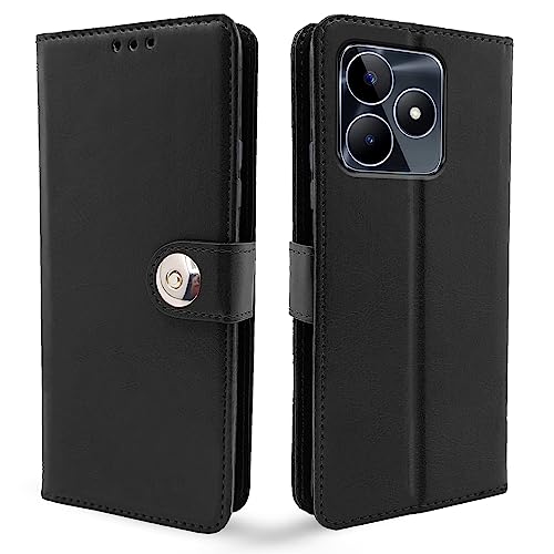 Image of Pikkme Realme Narzo N53 Flip Cover Leather Finish | Inside TPU with Card Pockets | Wallet Stand and Shock Proof | Complete Protection Button Flip Case (Black)