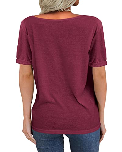 Image of Danedvi Women Deep V-Neck Short Sleeve Tops Solid Casual Loose T Shirt