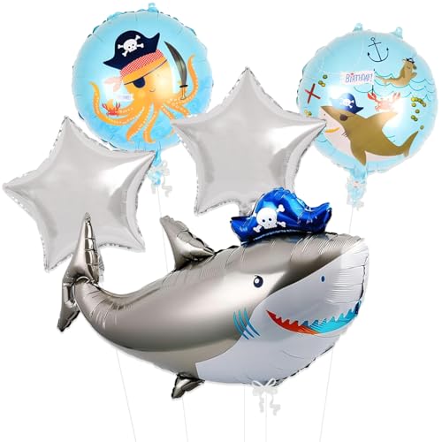 Image of Rozi Decoration Pirate Shark Theme Foil Balloon Set with Star Shape Balloons for Kids Birthday Party Decoration, Ocean Theme Party Decor, Cartoon Shark Balloon Combo for Home Celebration