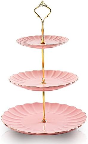 Sweejar 3 Tier Ceramic Cake Stand Wedding, Dessert Cupcake Stand for Tea Party Serving Platter (Pink)