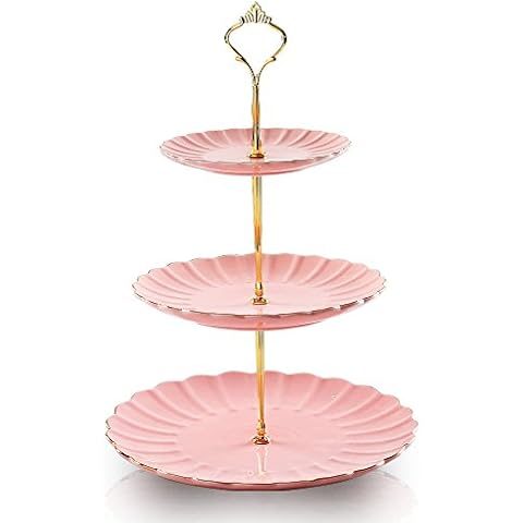 Sweejar Home 3 Tier Ceramic Cake Stand, Tiered Wedding Dessert Cupcake Stand for Tea Party Food Server Display (Pink) Cover