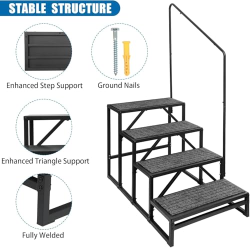 Image of RV Step with Handrail, 4-Step Stable Heavy Duty Universal Stair