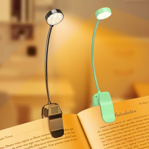 Image of KTEBO 2 Pack Rechargeable Book Light Clip-On Reading Light for Books in Bed | 9 eye-friendly modes from 3 color temperatures and 3 brightness, USB-C up to 30 hrs - Black & Green