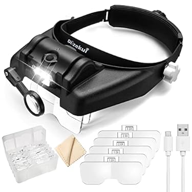 AMAZON - Dilzekui Head Mount Magnifying Glass with Light, Rechargeable Black Headband Magnifier, Head-Mounted Magnifying Glass with 6 Detachable Lens, Hands Free Magnifying Glasses for Close Work Crafts Repair