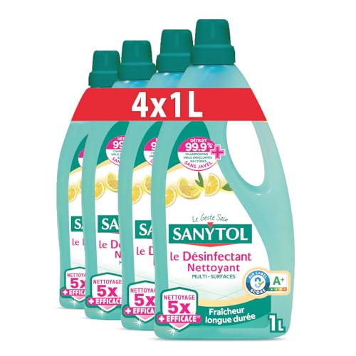 Sanytol - Désinfectant Nettoyant Multi-Surfaces - Parfum Citron – 1L - Lot de 4 - Sans Javel, Air Label Score A+ - Nouvelle formule 5X plus nettoyante – Fraîcheur longue durée