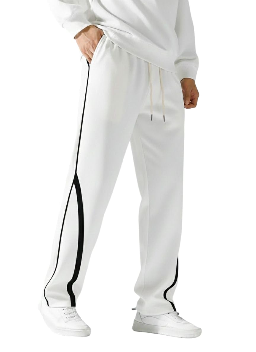 Men's Track Pants with Side Stripe, Black, Drawstring Waist, Casual Sportswear-picture-19