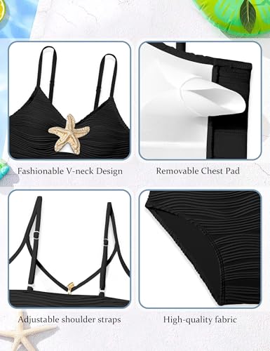 Image of Teen Girls Swimsuits V-Neck Bikini Set Bathing Suits Cross Straps Two Piece Swimwear with Drawstring