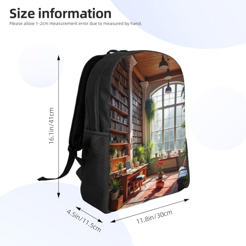 Comfort Fit Unisex Large Room Wooden Beams Bookshelves Filled Books Backpack Durable Daily Commute Travel Adventures 16 in4