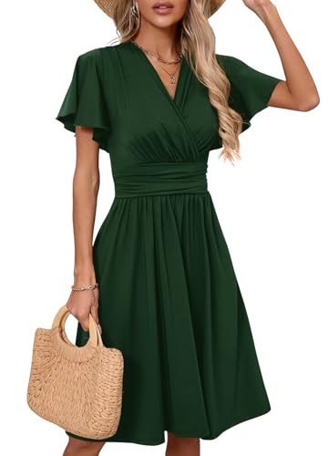 Image of Women's Casual Summer Dress V Neck Short Sleeve Flowy Stretchy Comfort Fit for Daily Wear Work Midi Dresses
