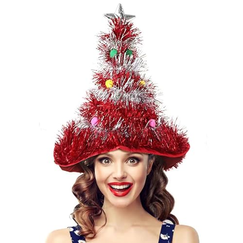 JIAMIAN Sombrero de Navidad, Gorro de Árbol de Navidad, Adulto Rojo Lentejuela Plata, con Estrella Divertido Gorro de Navidad, Gorro de Bruja para Fiesta de Papá Noel Decoración Navideña tocado