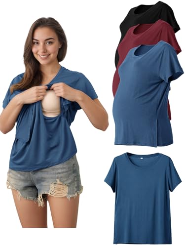 Image of Rnxrbb Hidden Summer Nursing Tops for Breastfeeding Short Sleeve Maternity Nursing T Shirts Clothes 3 Pack Double Layer