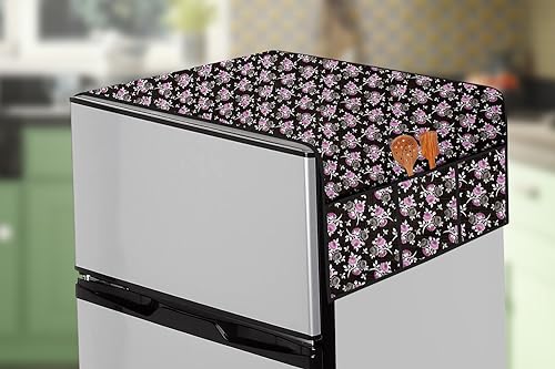 Image of The Furnishing Tree Fridge Top Cover Compatible for Samsung RR20C1723R8 /HL, 183 LTR WxL 65x111 in CM Floral Pattern Black Purple