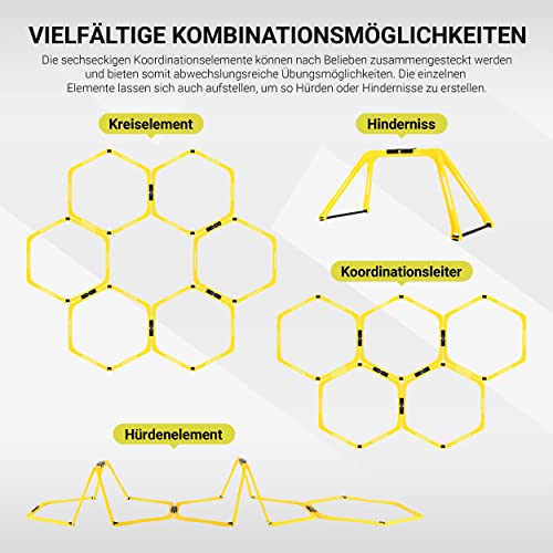 MSPORTS Koordinationsleiter Premium Multifunktional, 6X Hexagon-Elemente als Agility-Leiter u. Hürden kombinierbar Trainingsleiter Fußball Koordinationstraining Leiter