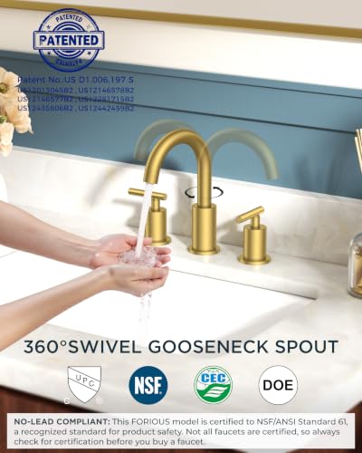 Image of FORIOUS Brushed Gold Bathroom Faucet 3 Hole, 2 Handle 8 Inch Widespread Gold Sink Faucet Bathroom Vanity with 360 Degree Swivel Spout, with Pop Up Drain and cUPC Supply Line, for 6 to 12 in Sink