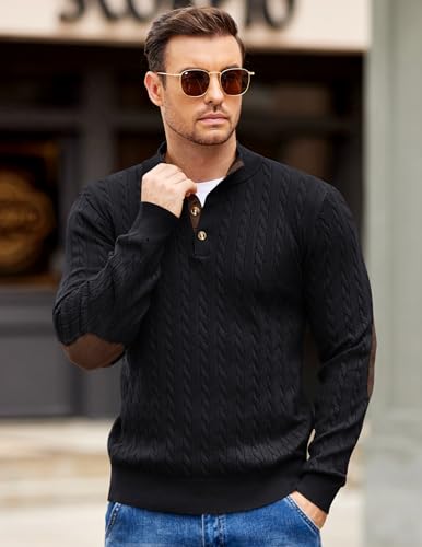 COOFNDY Mens Cable Knitted Pullover Sweaters Casual Long Sleeve Stand Collar Button Up Knit Sweaters2