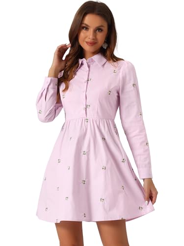 Image of Allegra K Women's Shirt Dress A Line Embroidered Floral Mini Dresses | Casual, Collar, Long Sleeve, Button Down, Half Placket, Invisible Zipper, Knee Length