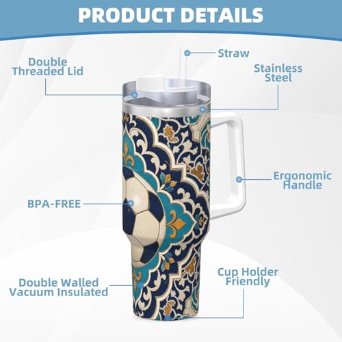 Botella de agua reutilizable de fútbol de 40oz, vaso aislado térmico para café 7