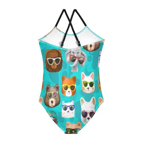Cute Animals Heads Blue Girls One Piece Swimsuit, Beach Apparel 3-10 Y with Adjustable Shoulder Strap, 3-10 Y2