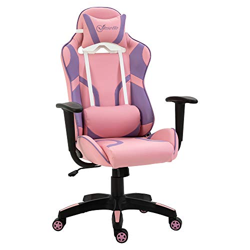 Vinsetto Ergonomischer Gaming Stuhl Bürostuhl Drehstuhl Verstellbares Massage Lendenkissen Höhenverstellbar Rosa&Violett 69x56x125,5 cm